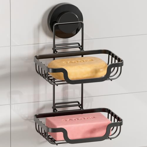 LEVERLOC Bar Soap Holder with Hooks, Suction Cup Soap Dish Stainless Steel