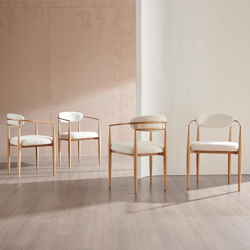 Morden Fort Modern Upholstered Dining Chairs Set of 4, White Boucle Dining Chairs with Arm and Wood Grain Legs for Kitchen, Living Room and Restaurant