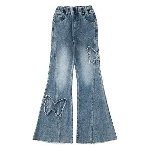 Girls Flared Jeans Teen Baggy Elastic Waist Wide Leg Denim Pants Butterfly Applique Trousers with Pocket