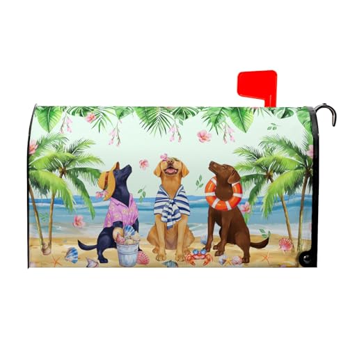 Image of Summer Dogs Magnetic Mailbox Cover 25.5x21Inch Funny Tropical Beach Coastal Puppy Waterproof Mailbox Wrap Letter Post Cover Large Size for Garden Yard Outdoor Season Outside Decor