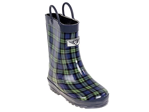 Forever Young Kid's Rubber Pull Up Plaid Print Rainboots, 13, Navy