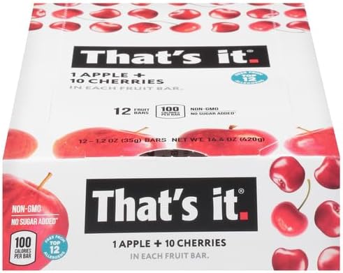 That's it. Apple + Cherry 100% Natural Real Fruit Bar, Best High Fiber Vegan, Gluten Free Healthy Snack, Paleo for Children & Adults, Non GMO No Sugar Added, No Preservatives Energy Food (12 Pack)