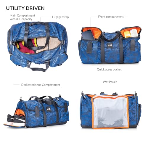 Image of Monkey Troopers Roam Duffle with Bike Skin, 30L Travel & Gym Bag with Wet Pocket, Shoe Compartment, Detachable Sling, Lightweight, Durable Duffel for Men & Women, Weekend & Sports Use (Blue)