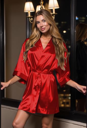 Image of Turquaz Women's Bride Bridesmaids Robe - Satin Kimono Robes for Wedding & Bridal Party Silk Like Lightweight Robes for Women, Red, Small