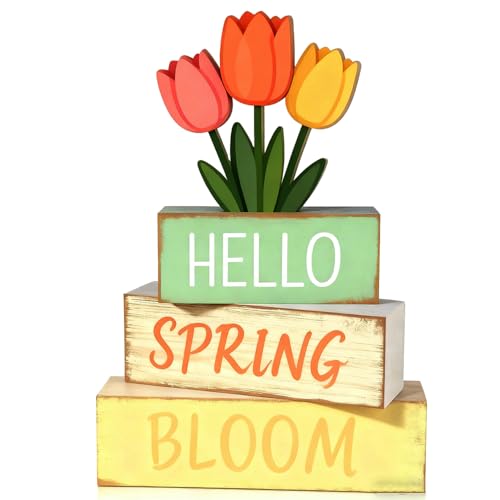 Spring Decoration Wooden Tiered Tray Decor – Tulip Flower Hello