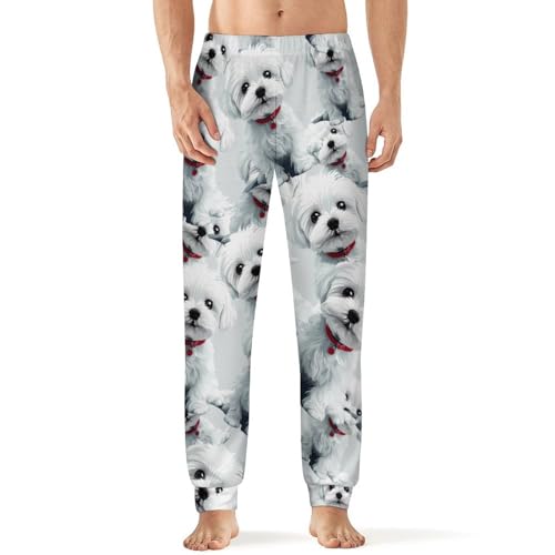 Polar Fleece Maltese Dog Cute Puppy Men's Pajama Bottoms Sleep Lounge Soft Comfy Pants Sleepwear