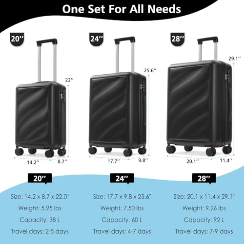 Lightweight Durable ABS Luggage Set with Spinner Wheels, TSA Lock, Carry-on & Checked Travel Suitcases (20"/24"/28")(Black)2