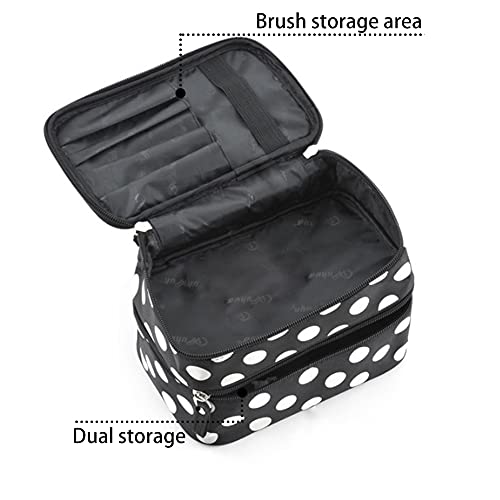 Wenettion Double Layer Cosmetic Bag Black With White Dot Travel Toiletry Cosmetic Makeup Bag Organizer With Mirror #TOP2