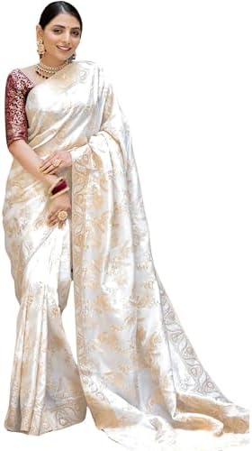 Aashita Creations Women's Pure Banarasi Style Kanjivaram Silk Saree With Blouse Piece For Wedding (Flower jaal)