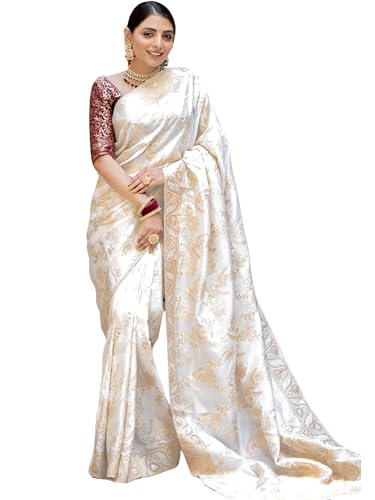 Aashita Creations Women's Pure Banarasi Style Kanjivaram Silk Saree With Blouse Piece For Wedding (Flower jaal)
