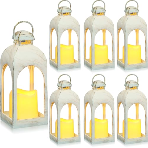 Tujoe 6 Pcs 10 Inch Decorative Candle Lantern Bulk for Wedding Centerpieces Lanterns with LED Flameless Candle Indoor Outdoor Hanging Lights for Wedding Party, Battery Included (White)