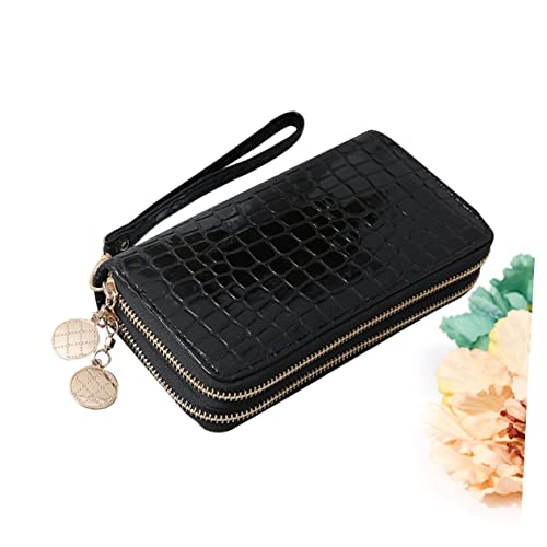 VOSAREA Portable PU Patent Leather Long Zipper Wallet for Women Large Capacity Black Purse with Dual Zippers Durable and Secure Cash Card Coin Holder Stylish and Practical Design2