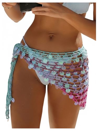 OYOANGLE Womens Sequins Crochet Bohemian Bikini Sarong Cover Up Hollow Out Ombre Wrap Sparkly Beach Skirt Blue Multicolor Large