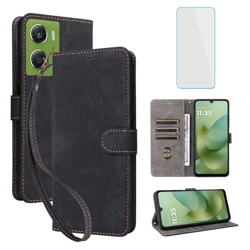 IUQXU Handyhülle für Motorola Moto G06 Power/Moto G06 Hülle mit Panzerglas RFID Stoßfeste Schutzhülle Kartenfach Klapphülle Geldbörse Lederhülle für Motorola G06Power G o6 Power Moto Go6 Schwarz