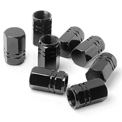 CrestHaven 8 Pcs Aluminum Valve Caps, Car Dust Caps, Tyre Valve Caps, Universal Tyre Valve Caps, Car Caps with Gasket for Motorbike, Trucks, Bike, Electric Scooter, SUV, Baby Buggies (black)