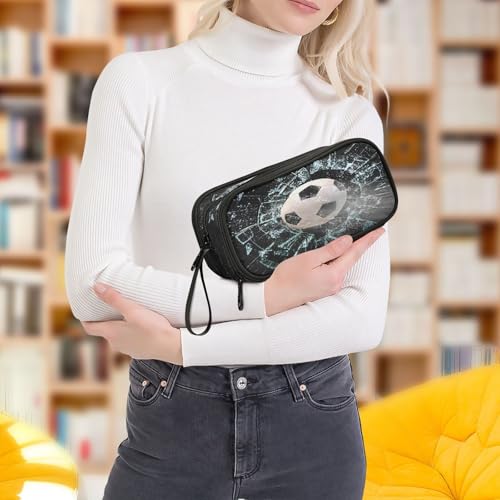 Image of Soccer Ball Through Glass Large Pencil Case 3 Compartment Pen Bag Pouch Holder Box for College School Portable Stationery Storage Bag for Girls Boys