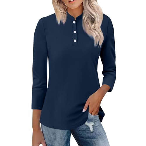Top da donna elegante con maniche a 3/4, con bottoni, colletto rialzato, casual, tinta unita, camicette da donna, Z01-navy, XXL Top da donna elegante con maniche a 3/4, con bottoni, colletto rialzato, casual, tinta unita, camicette da donna, Z01-navy, XXL