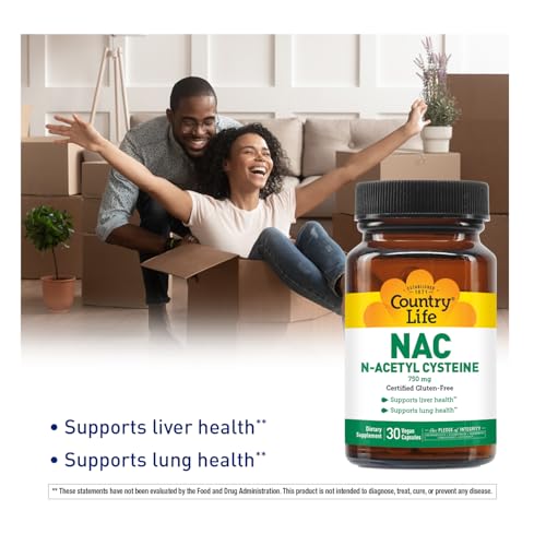 Country Life N-Acetyl Cysteine (NAC) 750 mg – Premium Liver Support and Lung Health Supplement – Powerful Antioxidant Protection, Liver Detox & Cleanse, Immune Support, 30 Vegetarian Capsules