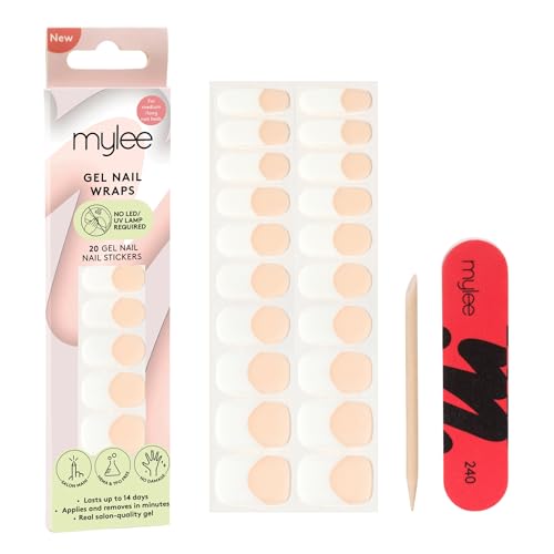 Mylee Gel Nail Wraps [Long French Tips] – 20 Pre-Cured Gel Stickers, No Lamp Needed, Chip-Resistant, Glossy Finish, Long Lasting, Easy to Apply