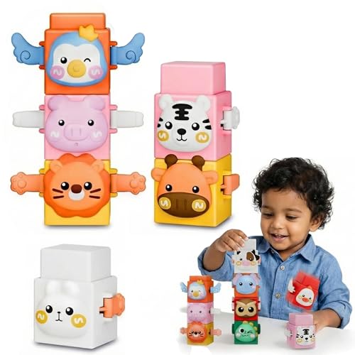 Image of Kidology 6 PCS Animal Stacking Cubes Set | Pressable Montessori Learning Blocks for Toddlers 1+ Years | Sensory Stacking Sorting & Plugging Toys | Travel Friendly Educational Gift for Boys & Girls