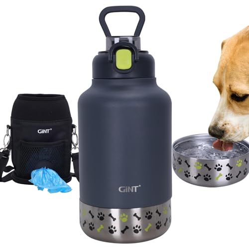 GiNT 37oz Insulated Stainless Steel Dog Water Bottle with Detachable Bowl & Carrying Case
