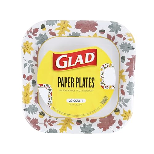 Glad Square Disposable Paper Plates Falling Foliage Autumn Leaf Pattern - Soak Proof Microwave Safe Cut-Resistant Seasonal Dinner Plates for Fall and Thanksgiving 10 Inch 20 Count