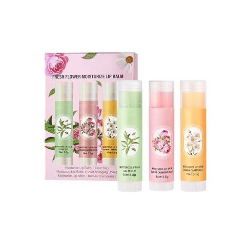 Lip Balm Set 3PCS Lip Balm Gift Set Tea, Chamomile, Rose, Moisturising Lip Balm Multipack, Hydrate Lip Balm & Colour Changing Lip Balm for Lip Moisturiser, Repair Dry and Chapped Lip