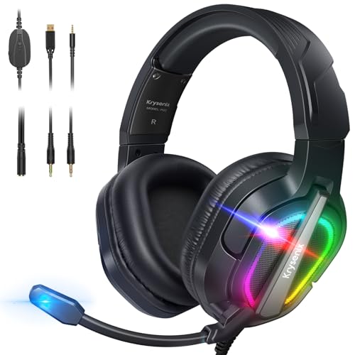 Krysenix PG2 Auriculares Gaming para PS4/PS5/PC/Xbox One, Cascos Gaming con Sonido de Micrófono Estéreo IA, Cascos Cancelación de Ruido, Cascos PS5 con Conector de 3.5 mm y luz RGB, Negro