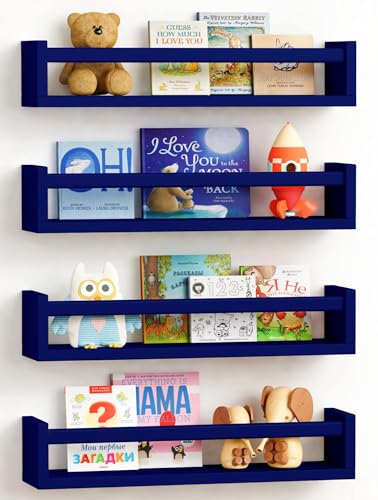 Image of Forbena Navy Blue Floating Nursery Book Shelves for Kids Room Wall, Decorative Wall Bookshelf for Baby Boy Bedroom, Small Wood Hanging Bookshelves Wall Mounted for Little Boys Room Bathroom (Set of 4)
