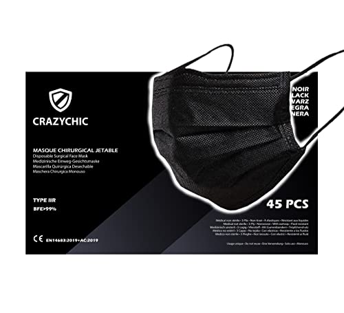 CRAZYCHIC - 45 Mascarilla Quirúrgica Desechable Negro Homologada CE EN14683 Tipo IIR - Máscara Higienica Certificación BFE99% 3 Capas Alta Filtración Protectora Boca Nariz Paquete