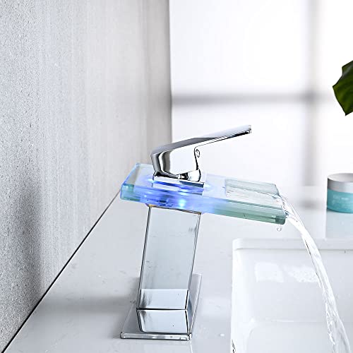 Image of AVSIILE LED Bathroom Sink Faucet, Chrome, Waterfall, Open Glass Spout