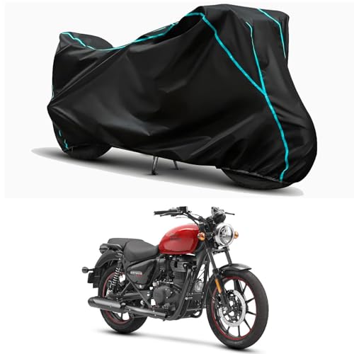 Image of Waterproof Bike Body Cover Compatible for | Royal Enfie Meteor 350 Custom | Taffeta Fabric, Sky Piping Design, Bottom Elastic Fit | Dustproof, Sun UV & Rain Protection for All Weather.