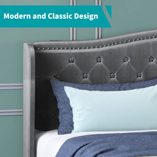 Balus Full Wingback Bed Frame With Headboard,Upholstered Platform Bed Frame Dutch Velvet Upholstered Bed，Modern Design，Available In 3 Sizes And 3 Colors Panel Bed Frame (Dark Gray) #TOP7