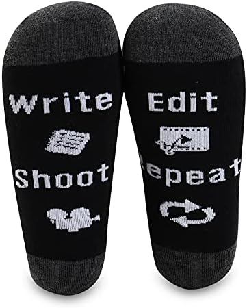 JNIAP Filmmaker Gift 2 Pairs Film Socks for Men Movie Director Student Write Shoot Edit Repeat Scriptwriter Gifts (2 Pairs Socks)