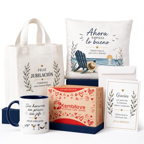 Kembilove® Set Regalos Jubilación Originales Hombre y Mujer - Pack con Taza, Bolsa, Cojín y Tarjeta - Detalle para Jubilado, Jubilada, Despedida Trabajo y Nueva Etapa Kembilove® Set Regalos Jubilación Originales Hombre y Mujer - Pack con Taza, Bolsa, Cojín y Tarjeta - Detalle para Jubilado, Jubilada, Despedida Trabajo y Nueva Etapa