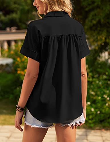 Hotouch Womens Button Down Boyfriend Oversized Blouse Drop Shoulder Collared Shirt Chiffon Work Black, Medium, Short Sleeve #TOP5