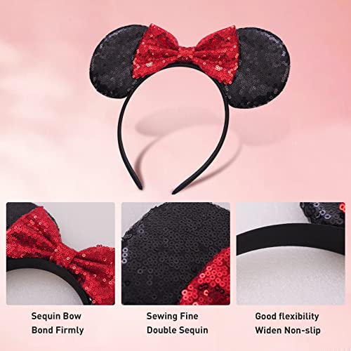 Squarepie Mickey Mouse Ears Headband, 2 Pcs Sequin Minnie Ears Bow Headbands, Glitter Princess Decoration Hair Band For Party Cosplay Costume(Black Red #TOP2