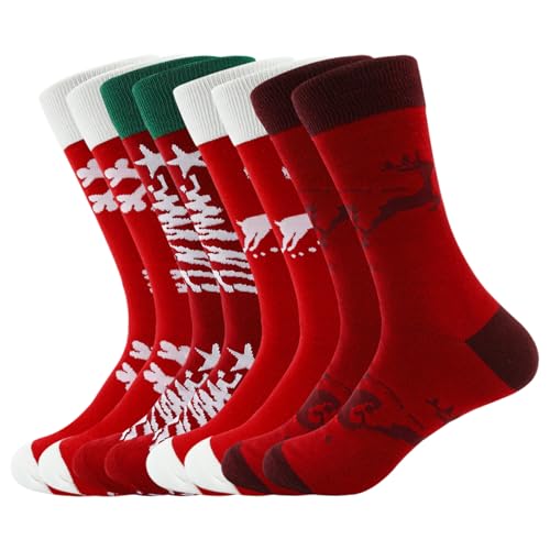 WANDER Mens Christmas Socks Gifts Dress Socks Funny Cotton Calf Crew Socks (Shoe Size:9-12 8 Pairs Red Christmas Socks)