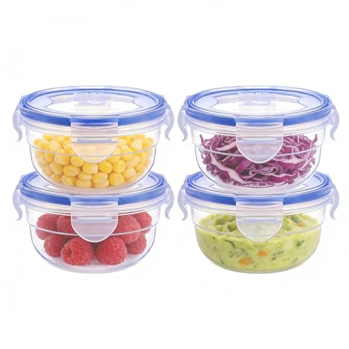 EASYLOCK 4er Schüssel Set 0,3L Kunststoff Frischhaltedosen mit Deckel Rund BPA-frei Gefrierdosen Klein Stapelbar, Luftdicht, Spülmaschinen-, Mikrowellen-, und Gefriergeeignet (Blau)