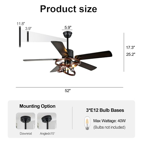 Image of 52 inch Farmhouse Ceiling Fan with Lights and Remote Rustic Fandelier | DIY Shape Caged Chandelier Light, for Bedroom Living Room Indoor, 3 E12 Bulbs (Not Included), Reversible Quiet DC Motor