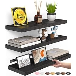 BAYKA Black Floating Shelves 15.7in, Set of 3, Wall Mount Rustic Wood Shelf | Easy Install, Space Saving, Hidden Bracket, Wall Shelving for Lego Plant Dorm Laundry Display, Over The Toilet Storage Shelf