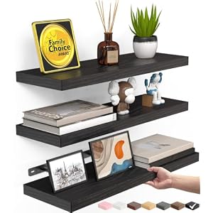 BAYKA Black Floating Shelves 15.7in, Set of 3, Wall Mount Rustic Wood Shelf