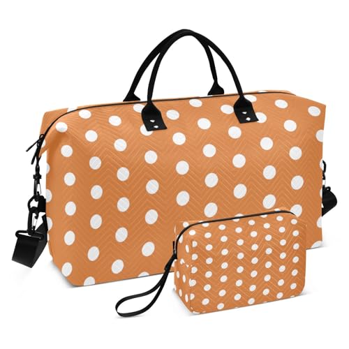 Polka Dots Orange White Travel Duffel Bag, Shoulder Weekender Overnight Bags - Large Gym Bag with Wet Pocket