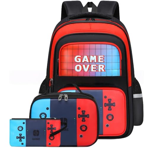 School Backpack for Boys Ages 5-13, 3PCS Gamer Boy Backpack Set with Lunch Box Pencil Case for boys Kids Teens, Video Game Bookbag or Boys Kids Teens, Elementary Middle School