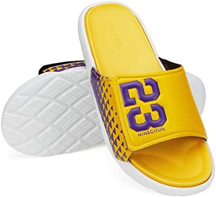HQUEC Slides for Men Summer Slide Sandals Adjustable Sport Sandals Mens Shower Slide Slippers Slip on Indoor Outdoor Sandals for Men Yellow/Purple 11.5(46)