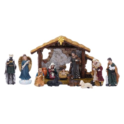 Laikoutd Figurine De Crèche Noël en Résine Scène La Nativité Stable Décorations À Collectionner La Sainte Famille Ornement Table Noël Figurine en Résine avec Écurie
