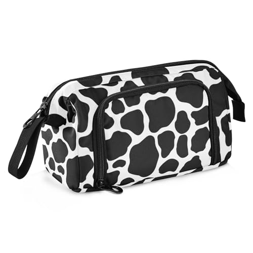Image of Fisyme White Black Cow Print Pencil Case Large Capacity Pencil Pouch Pen Bags Box Big Makeup Pencil Case Organizer