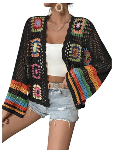 Image of SHENHE Women's Floral Crochet Cardigan Hollow Out Open Front Long Sleeve Cardigan Sweater