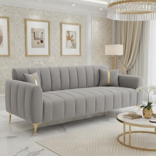 Image of FURNY Harmony 3 Seater Velvet Fabric Sofa Set (Light Grey) with Golden Finish Legs Durable & Comfortable Ideal for Living Room