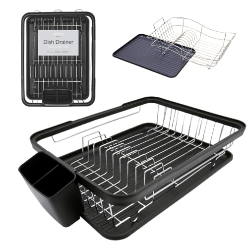 Image of Premium Dish Drainer Rack with Cutlery Holder and Removable Drip Tray Black, 41 x 32 x 9.5cm Addis Rectangular Washing Up Bowl 9.5 Litre Soft Black